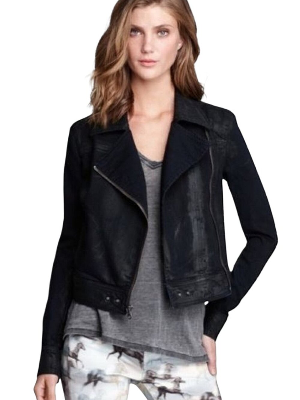 Paige Brooklyn Moto Jacket Asymmetrical Coated Denim Edgy/Luxury/Street Style M
